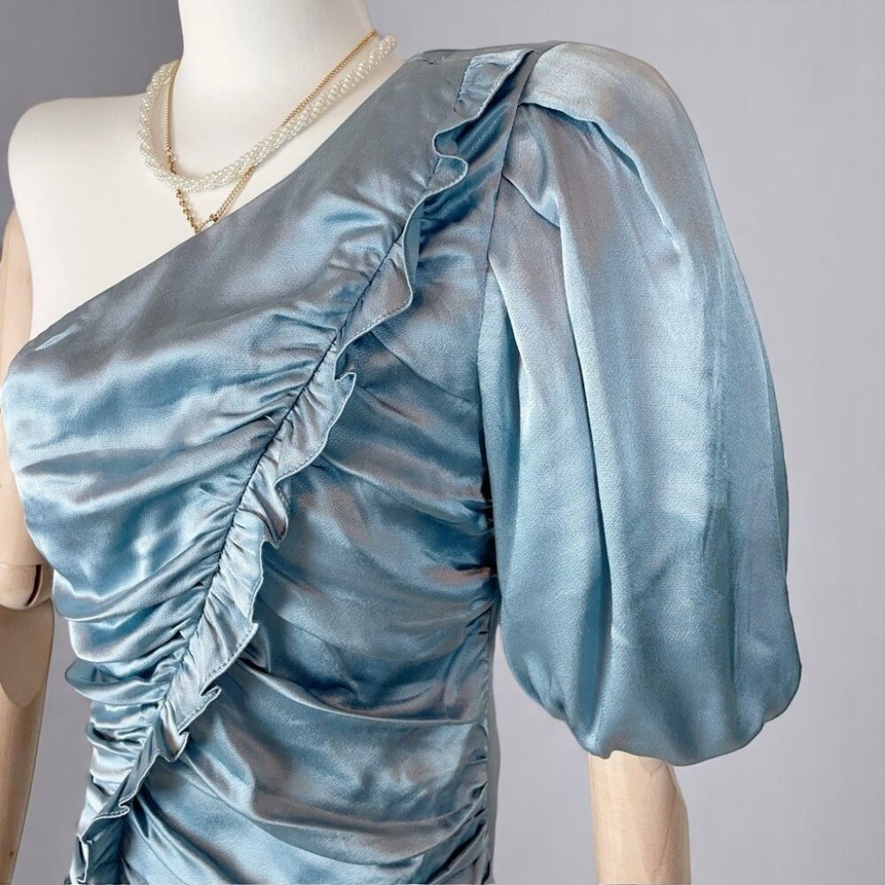 NWT Elliatt Satin Ruched Julianne Dress in Stoneblue - Picture 9 of 10